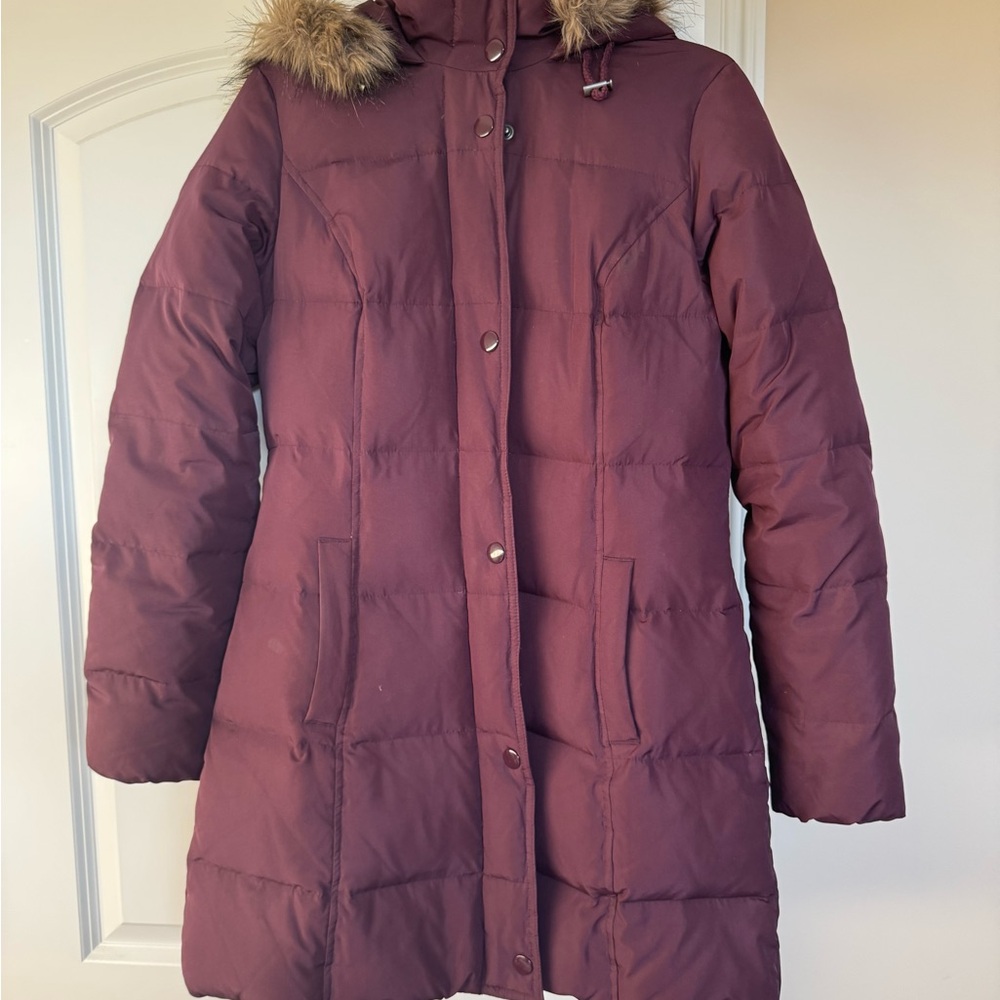 Merona Women's Parka Coat - Burgundy with Faux Fur Trim